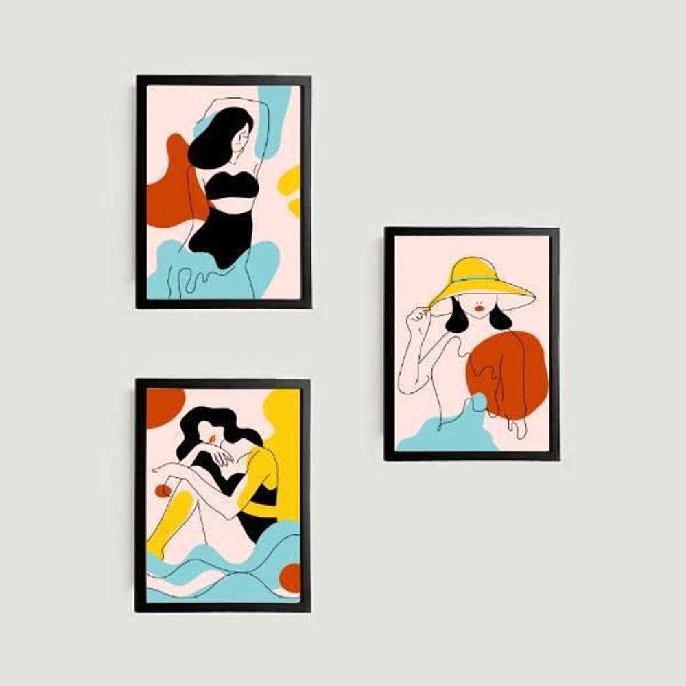 Kit 3 Quadros Mulheres Vamos A La Playa 45X34 Vidro Preta