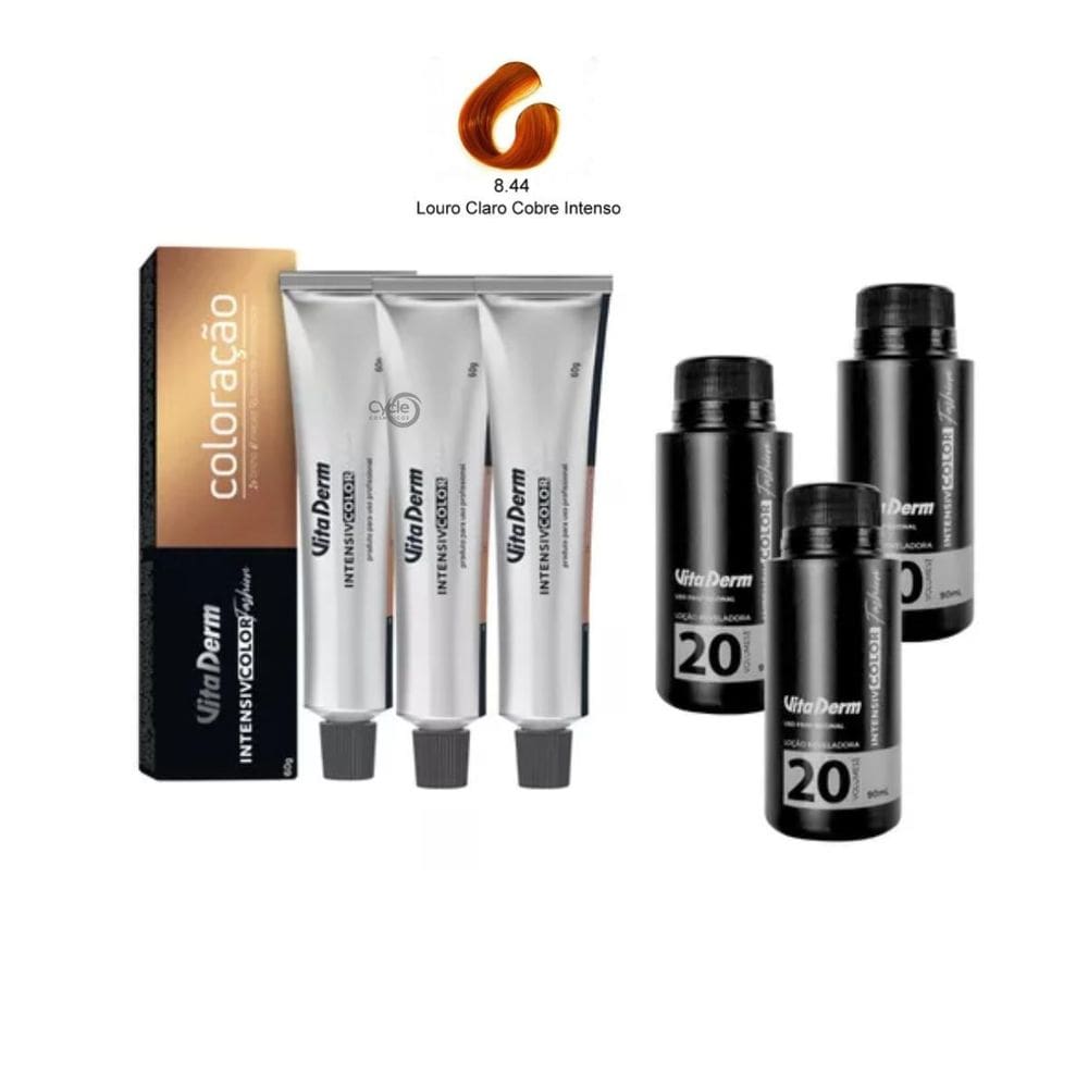 3 Colorações Vita Derm 8.44 + 3 Ox Vita Derm 20 Vol 90Ml
