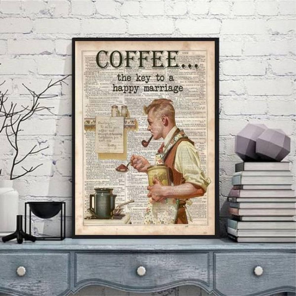 Quadro Vintage Coffee Happy Mariage 24X18Cm Moldura Preta