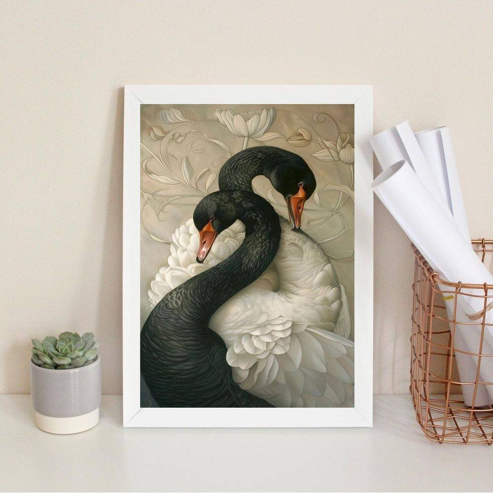 Quadro Decorativo Cisnes Branco E Negro 45X34Cm