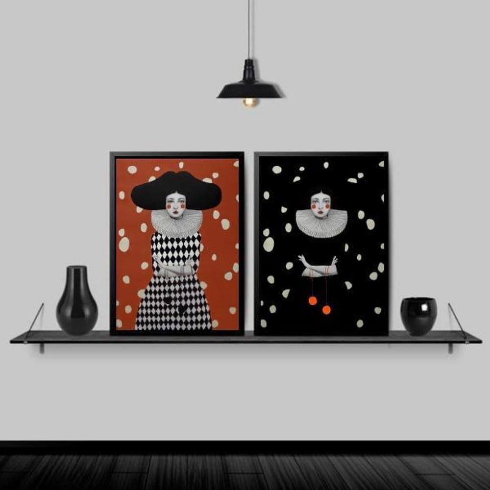 Kit 2 Quadros Decorativos Colombina 45X34Cm Com Vidro Preta