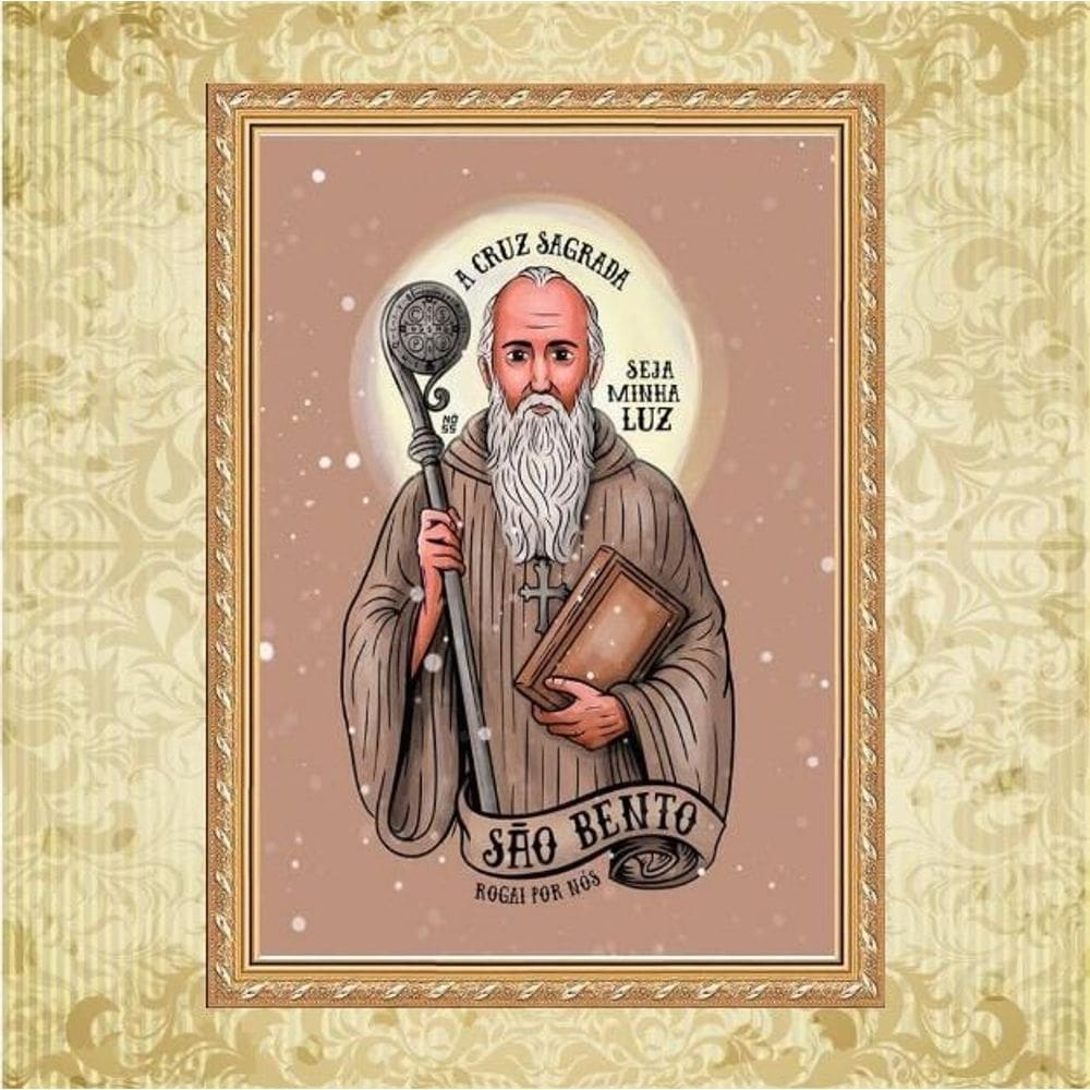 Quadro Moldura Dourada São Bento Cruz Sagrada 45X34Cm