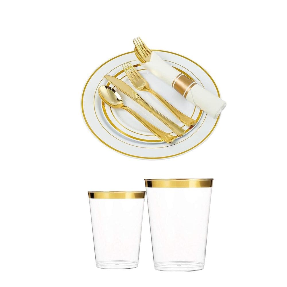 Kit 40 Convidados - Copo Prato Guardanapos Descartável Gold