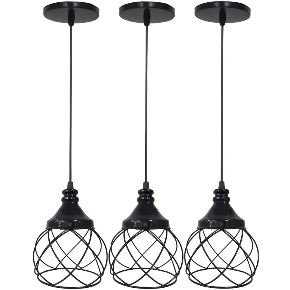 3 Pendentes Aramado E s f e r a B a l o n ê Lustre Luminária Teto Regulável Sala Cozinha Industrial Agp