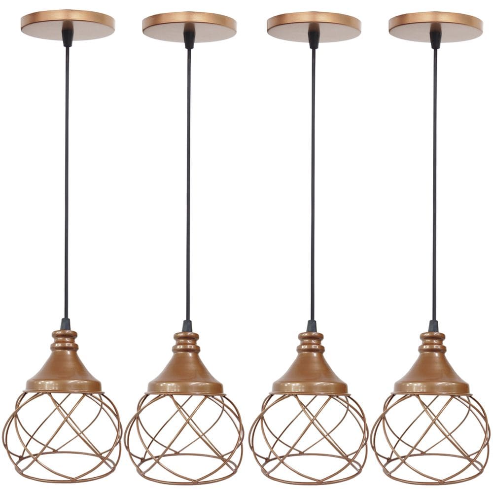 4 Pendentes Aramado E s f e r a B a l o n ê Cobre Rose Gold Lustre Luminária Teto Regulável Sala Cozinha