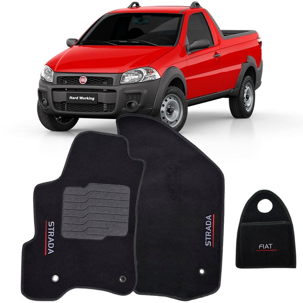 Jogo Tapete Carpete + Lixeira Fiat Strada Cab. Simples 2013 à 2019 Soft Logo Bordado Preto 3 Peças