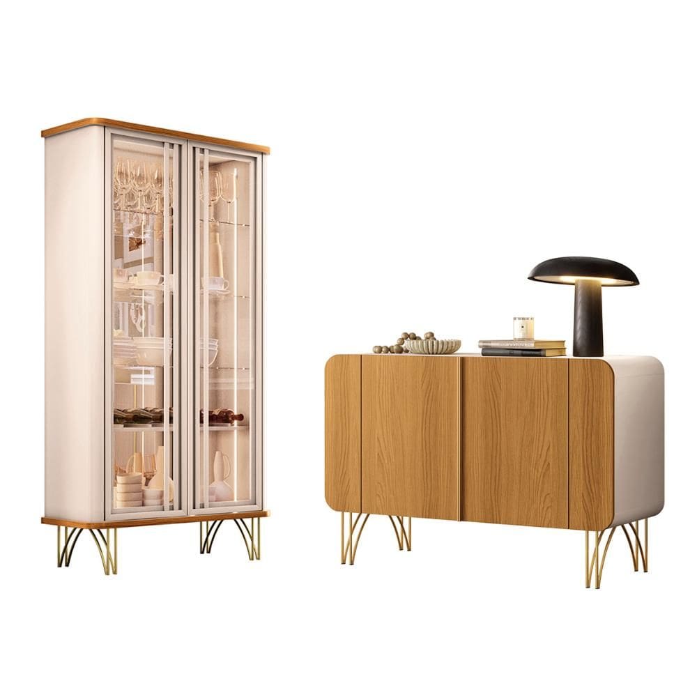 Kit Aparador Buffet Benvenuto e Cristaleira Evora Pés de Aço