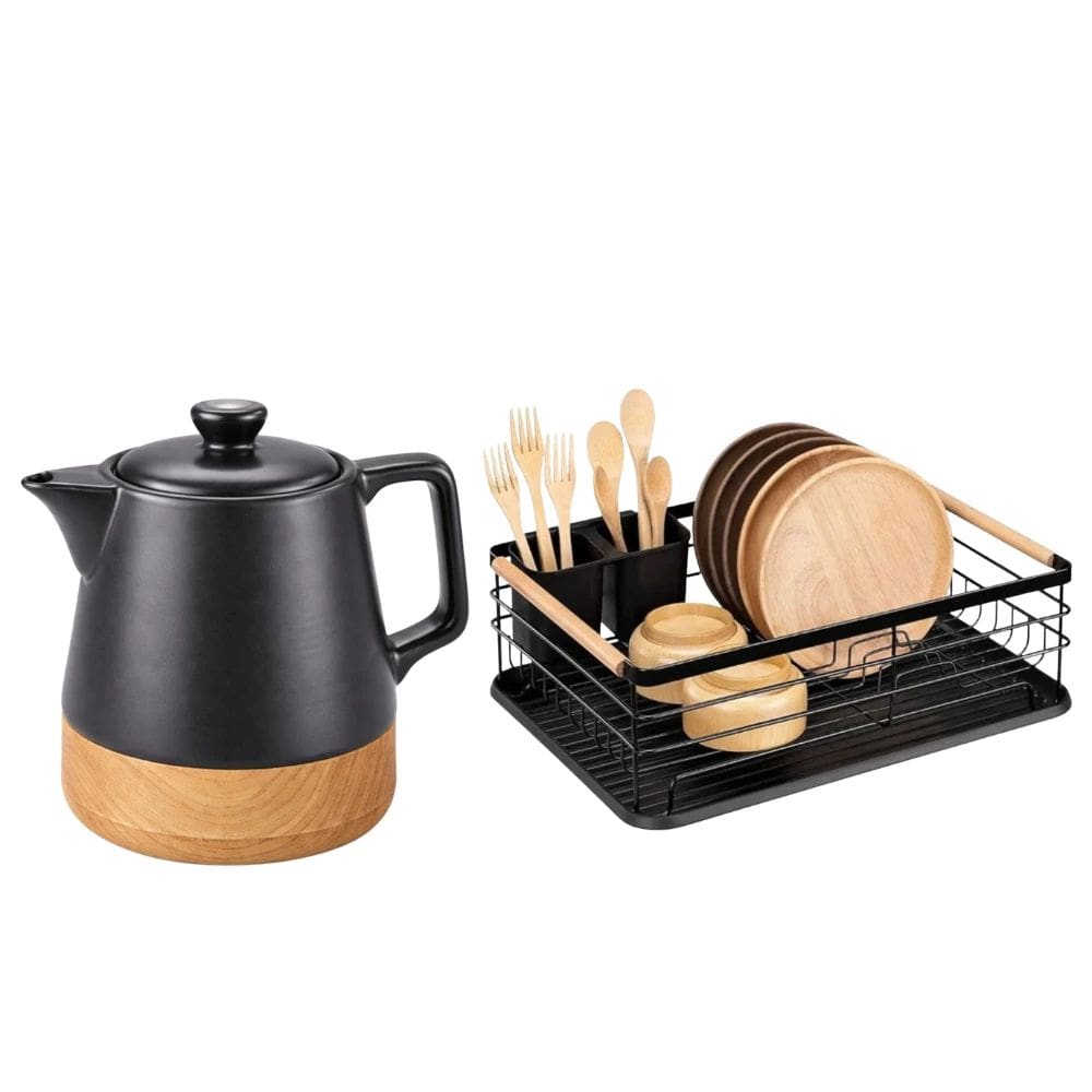 Kit Chaleira Elétrica Porcelana 1l Tuut + Escorredor de Louças, Metal e Madeira, Design Premium