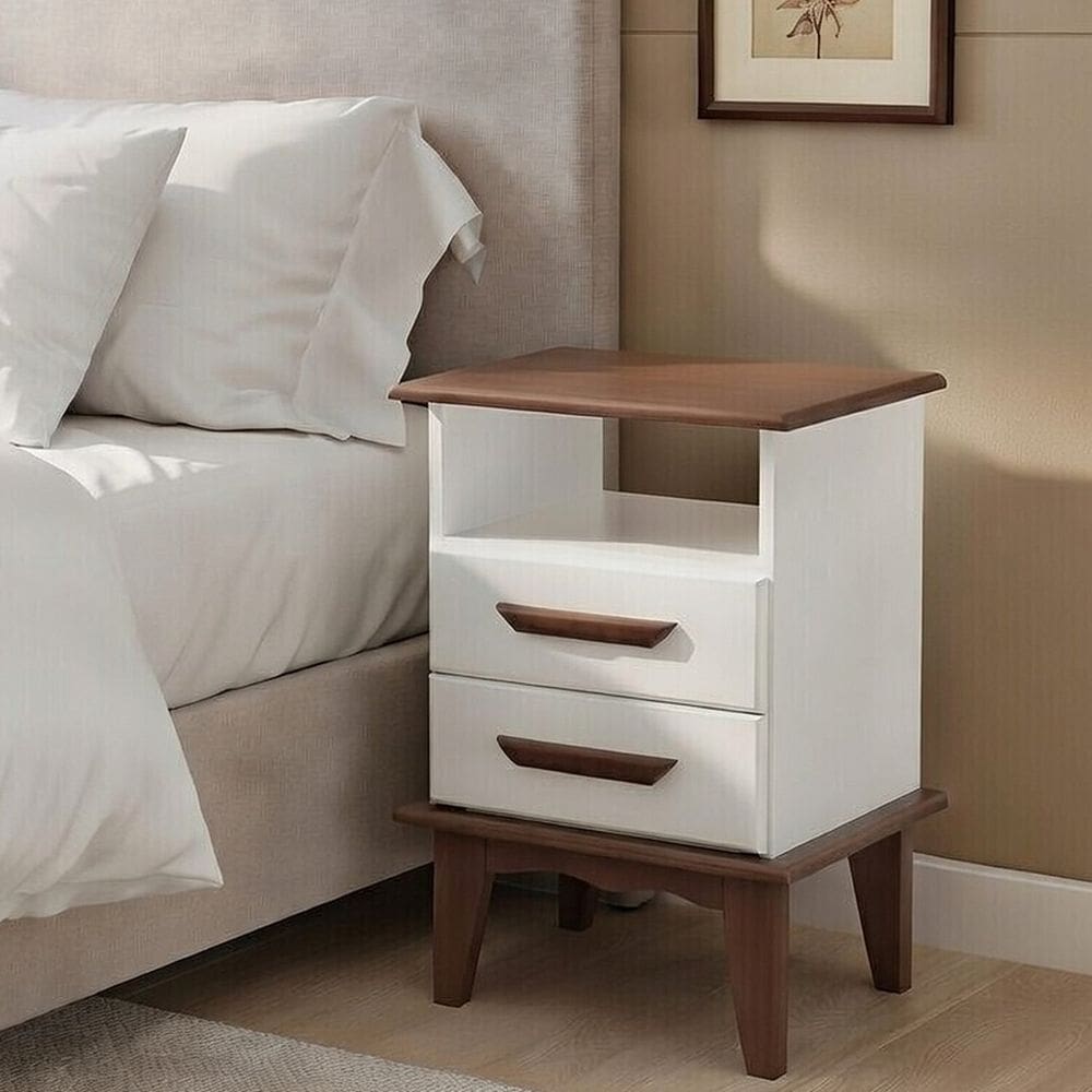 Mesa de Cabeceira 2 Gavetas 100% Madeira Maciça Branco/Castanho