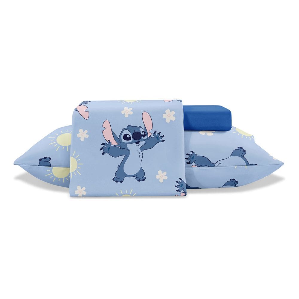 Jogo Lençol Solteiro Disney Stitch Toque Seda 3 Pçs Jolitex Azul