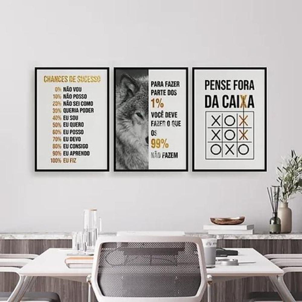Kit 3 Quadros Lobo Empreendedorismo 45X34Cm Preta