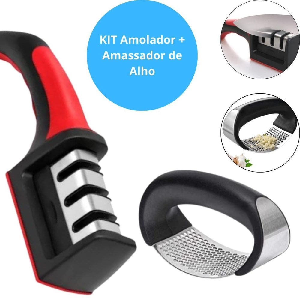 Kit Espremedor De Alho Compacto + Afiador Multiuso