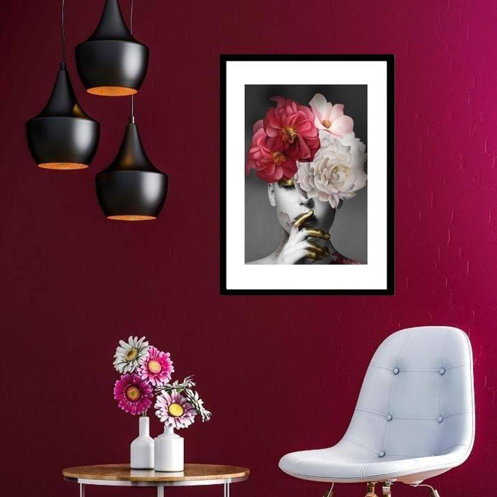 Quadro Moderno Mulher Cabeça Flores - 60X48Cm