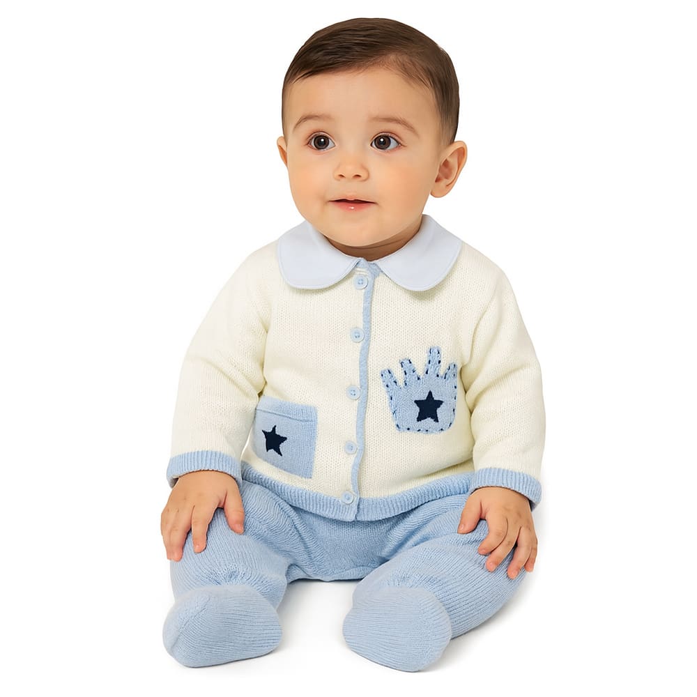 Conjunto Bebê Príncipe Coroa Azul casaco salopete artesanal