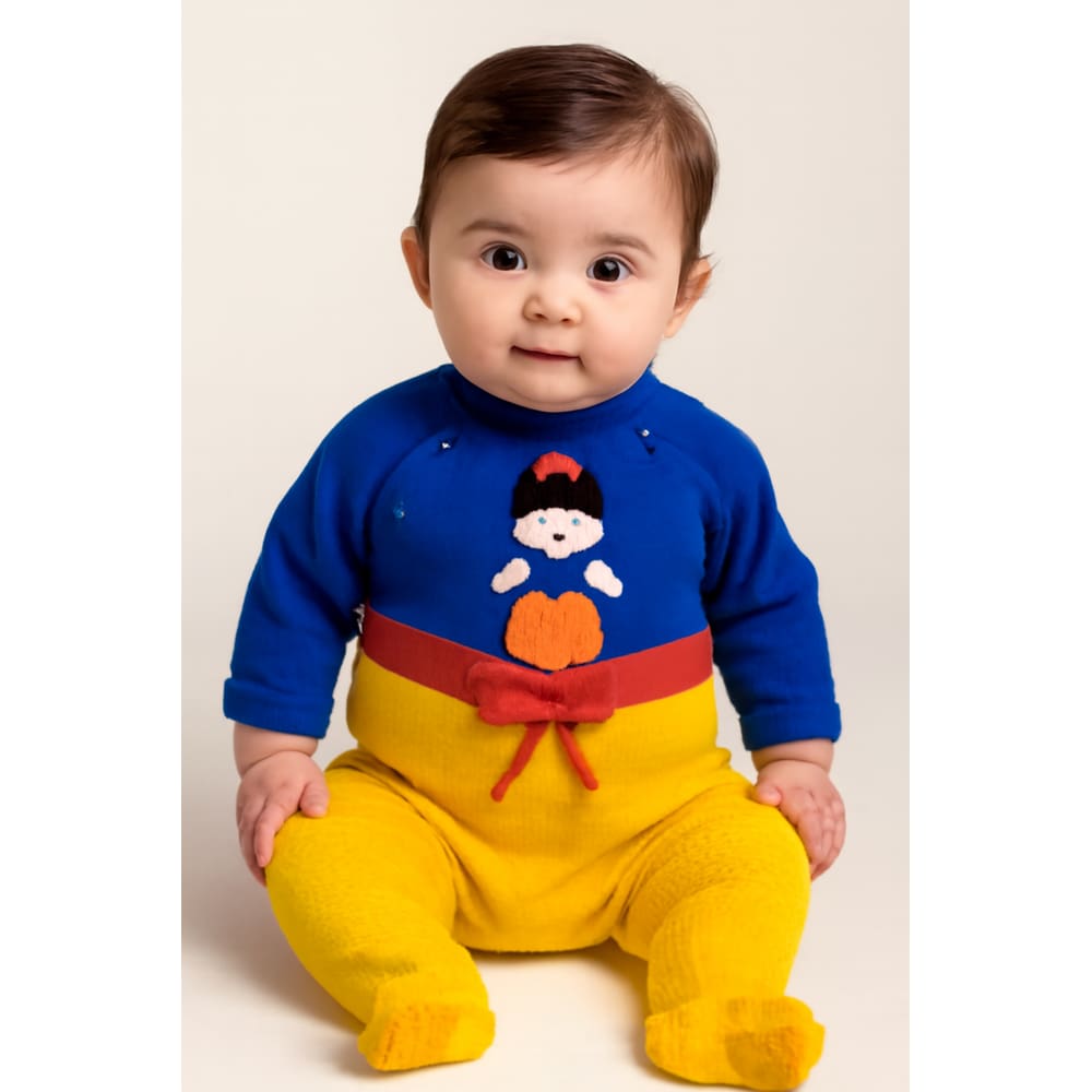 Macacão Trico Branca de Neve Bebê azul amarelo artesanal