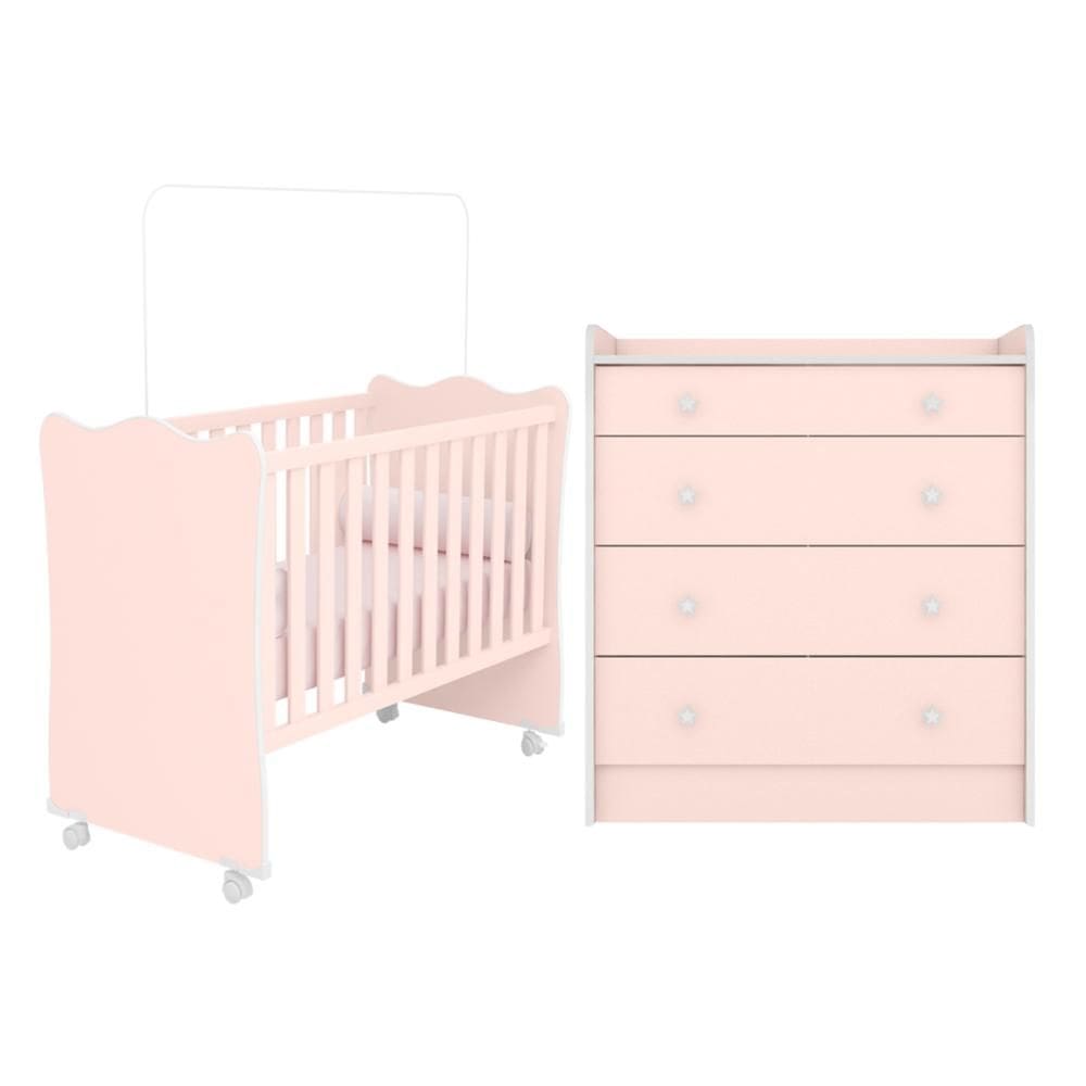 Berço com Rodinha e Cômoda Santiago Rosa Acetinado
