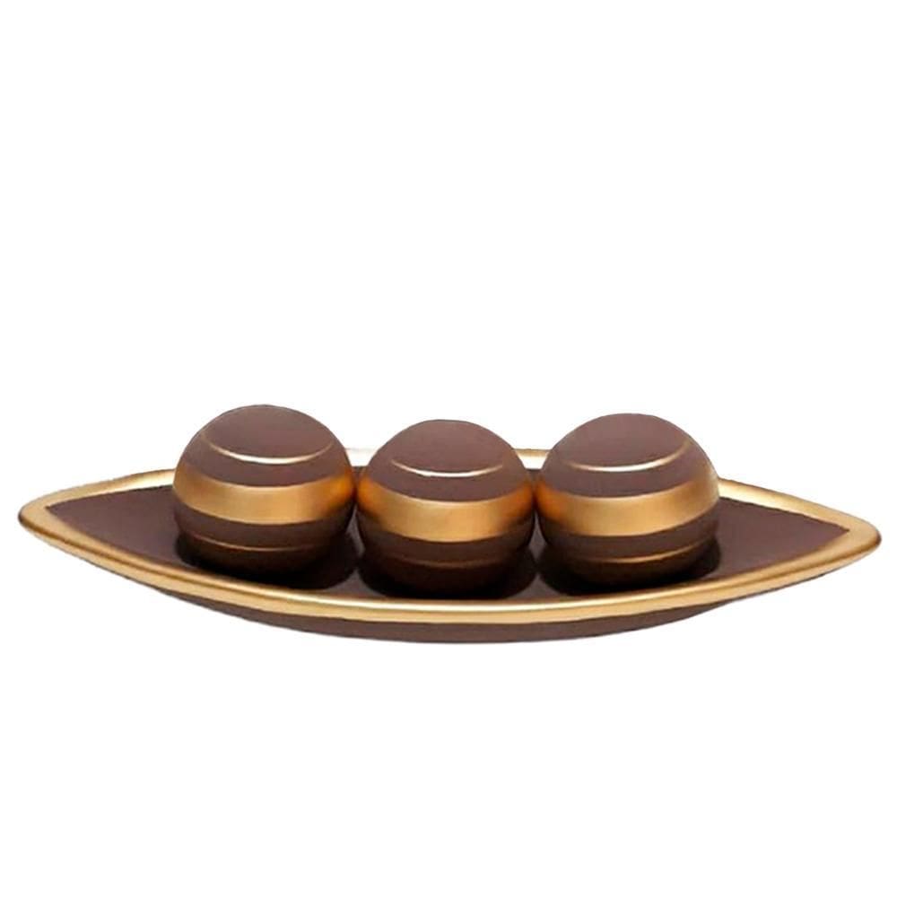 Barca Centro De Mesa 3Esferas Fosca Em Cerâmica Marrom Gold