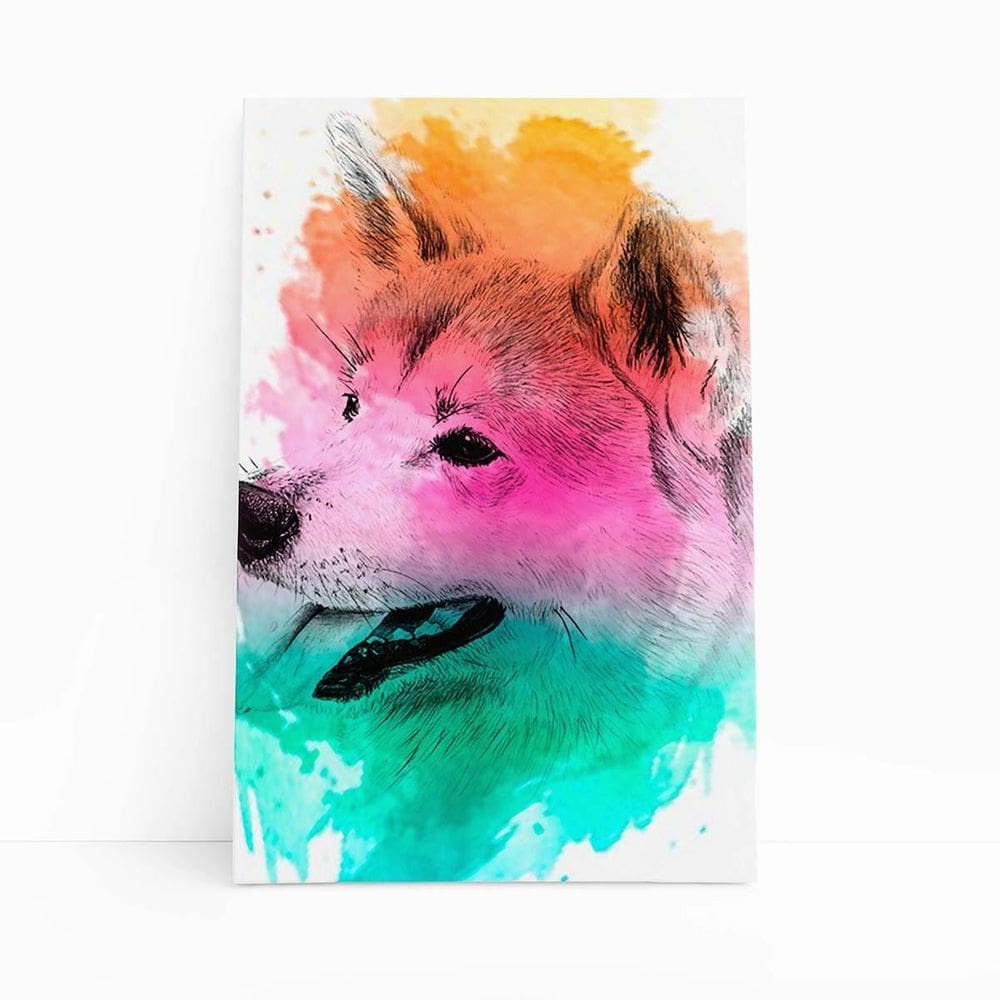 Quadro Cachorro Akita Inu Aquarela Canvas 60X40Cm