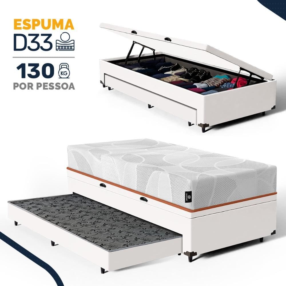 Cama Box Baú com Colchão de Espuma D33 Enrolado Sonno Full - Umaflex + Auxiliar de Espuma Solteiro 88cm