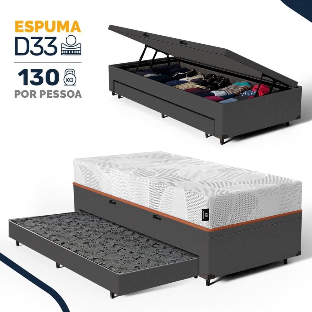 Cama Box Baú com Colchão de Espuma D33 Enrolado Sonno Full - Umaflex + Auxiliar de Espuma Solteiro 88cm
