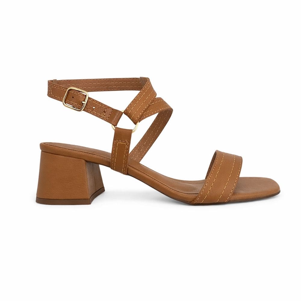 Sandália Feminina Salto Médio Grosso Tiras Couro