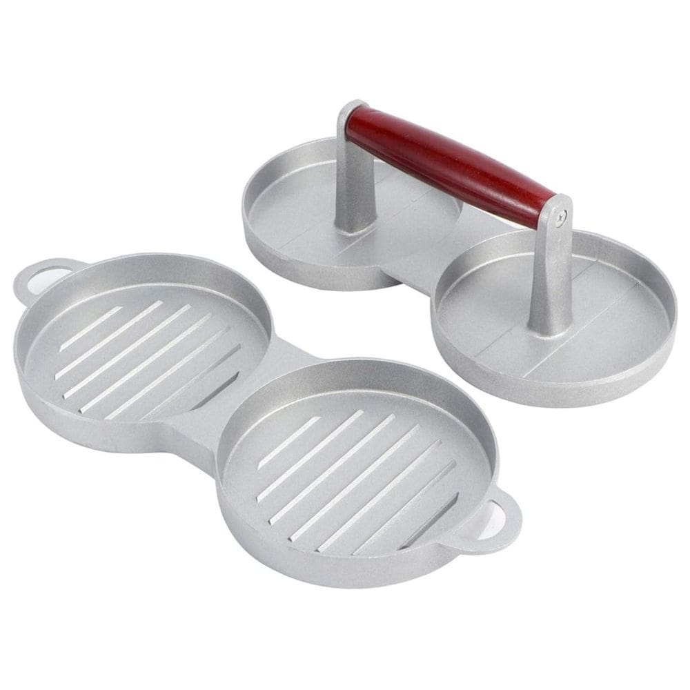 Forma Hambúrguer Dupla Prensa Modeladora Alumínio Cabo de Madeira