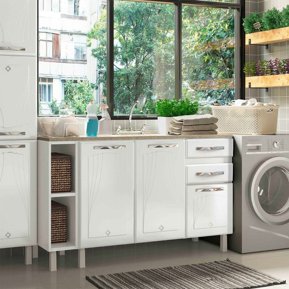 Balcão de Cozinha para Pia 140 Cm Star New 3 Portas 2 Gavetas Branco - Telasul