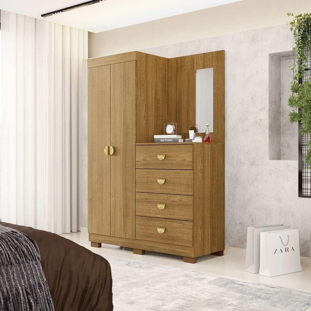 Guarda-Roupa com Cômoda Embutida e Espelho 2 Portas 4 Gavetas Cristal - Nature - Vila Rica