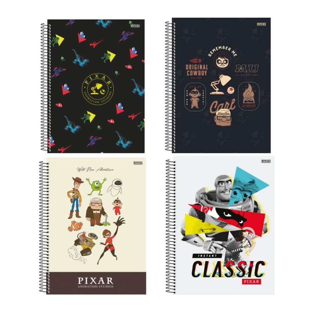 Kit 4 Cadernos Pixar Animação Espiral 1 Matéria Escolar