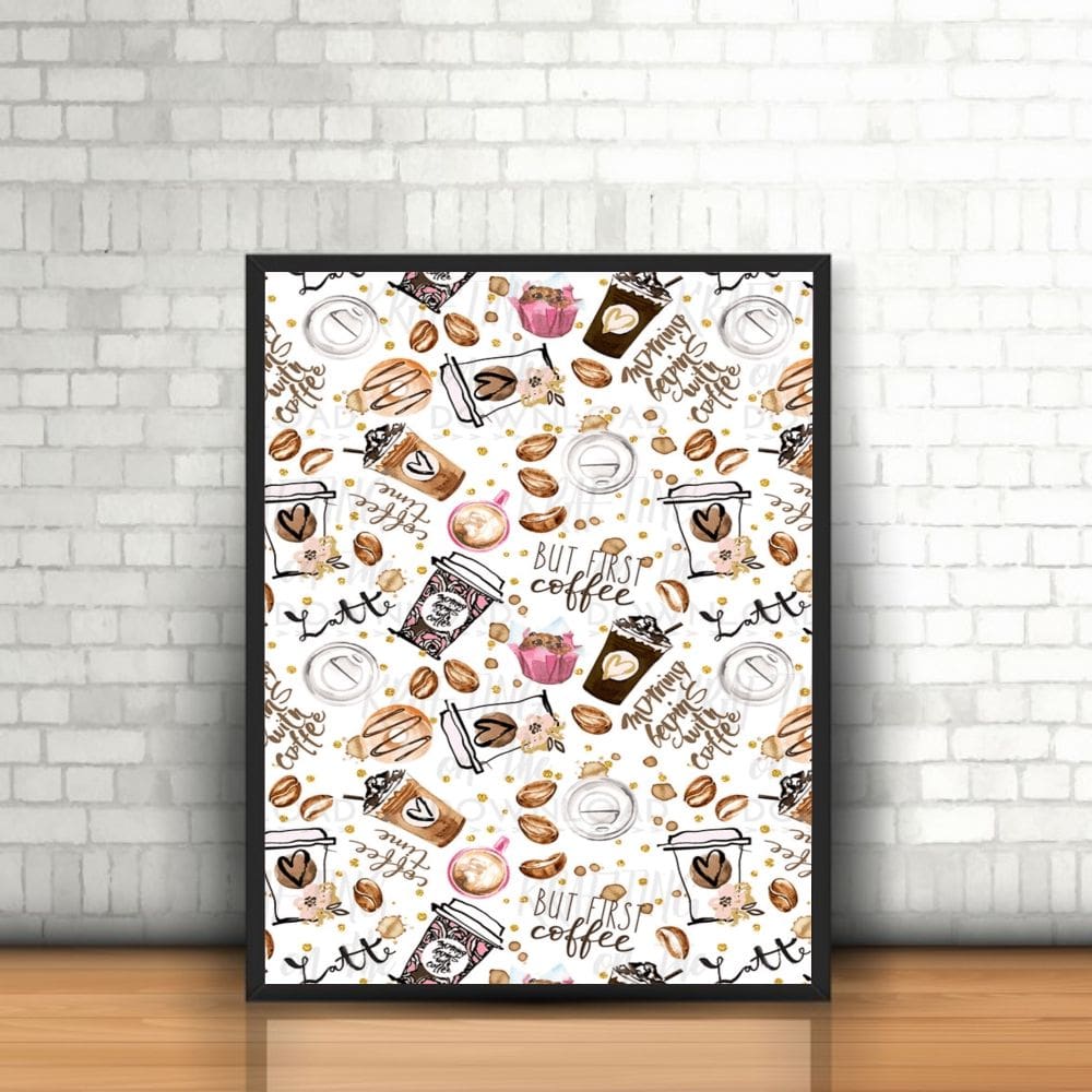 Quadro com Moldura Pattern Café Coffe Doce Confeitaria Grãos