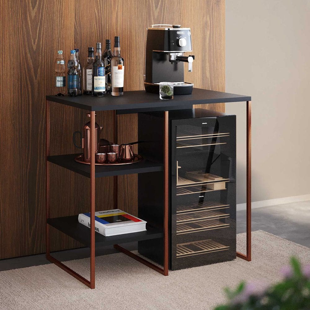 Aparador Adega Bourbon 80cm Industrial em Aço para Bar e Sala com Prateleiras Gourmet - Cobre/preto