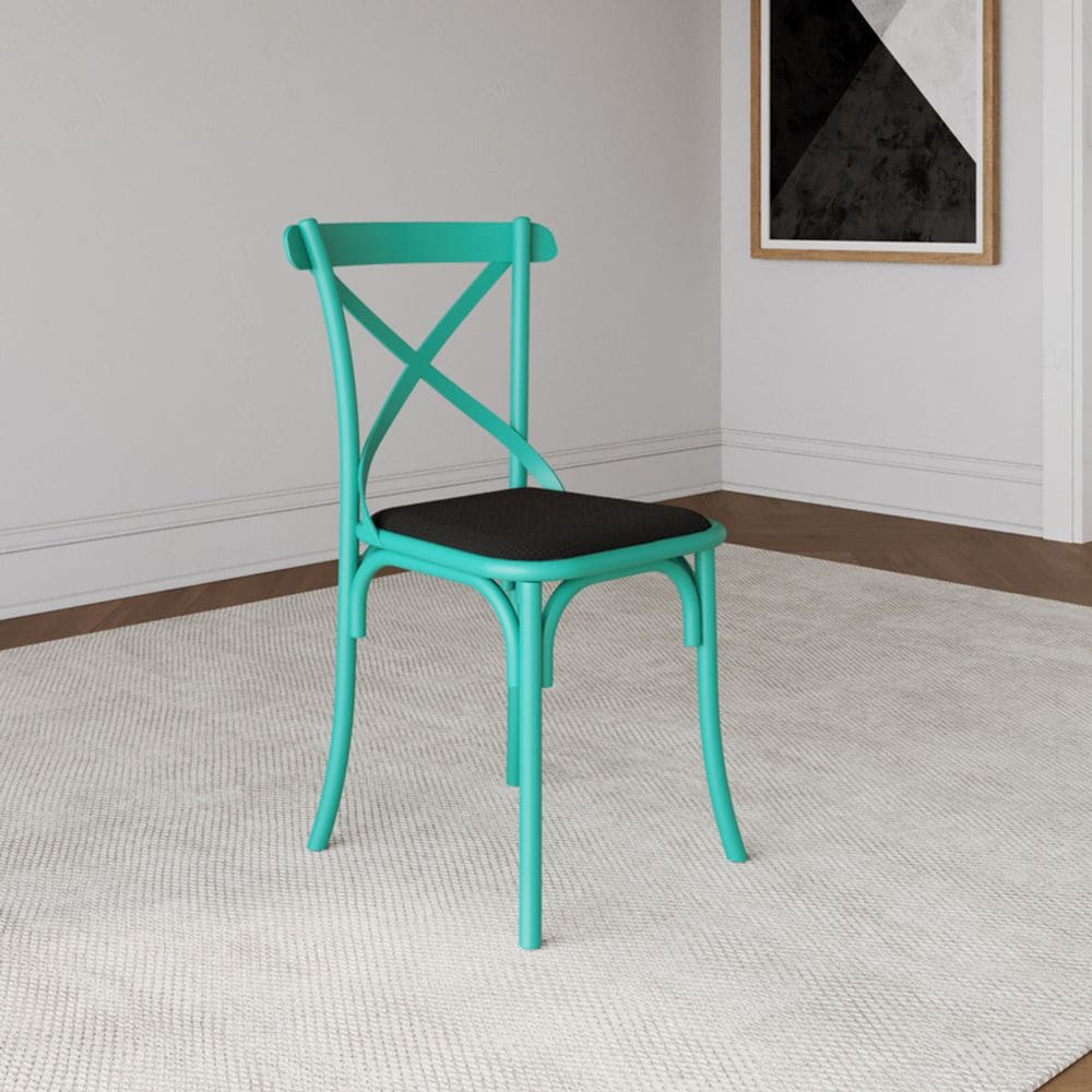 Cadeira Katrina em Aço com Assento Corano Preto para Mesa Cozinha Sala de Jantar-azul Turquesa/preto