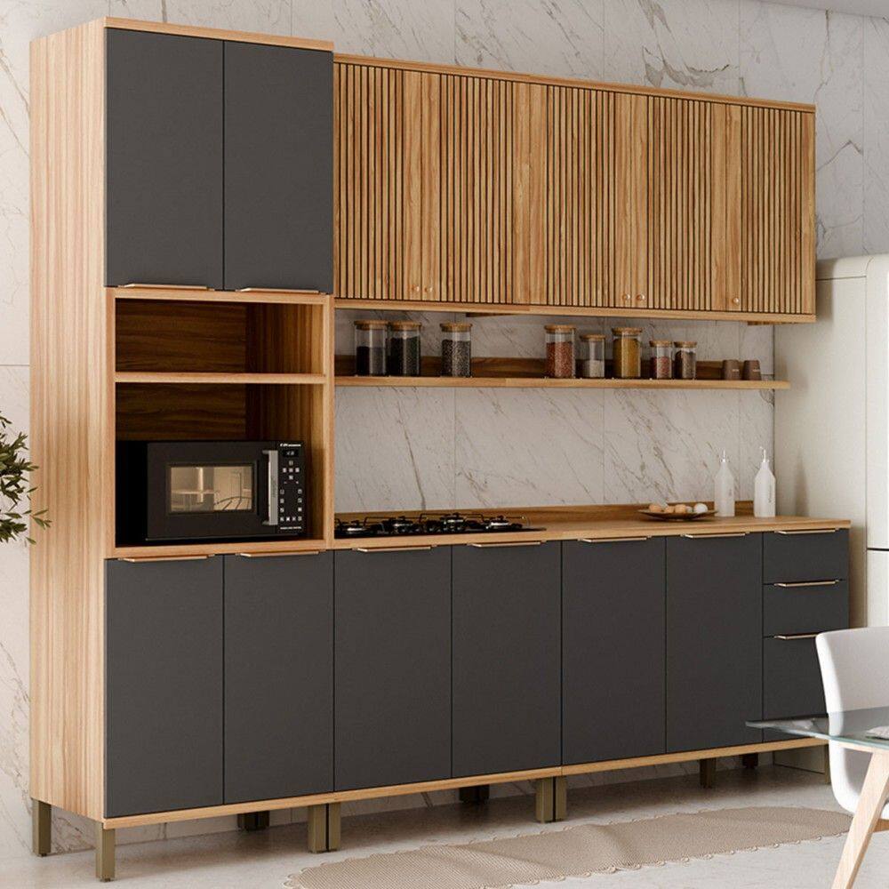Armário de Cozinha Modulada com Balcão e Tampo 13 Portas 3 Gavetas Nice Fresado com Prateleira 100% Mdf Amêndoa/Cinza - Pnr Móveis