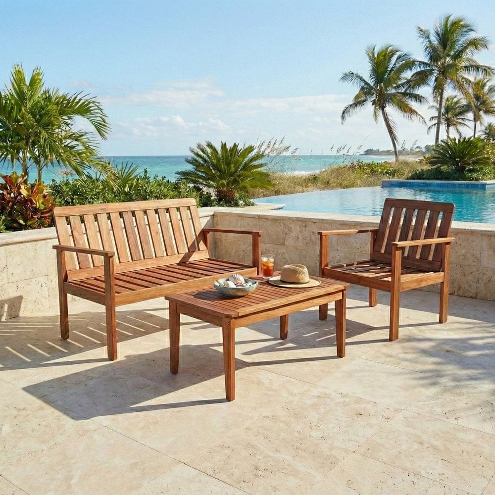 Conjunto para Área Externa de Madeira Maciça Poltrona Namoradeira e Mesa de Centro Madeira