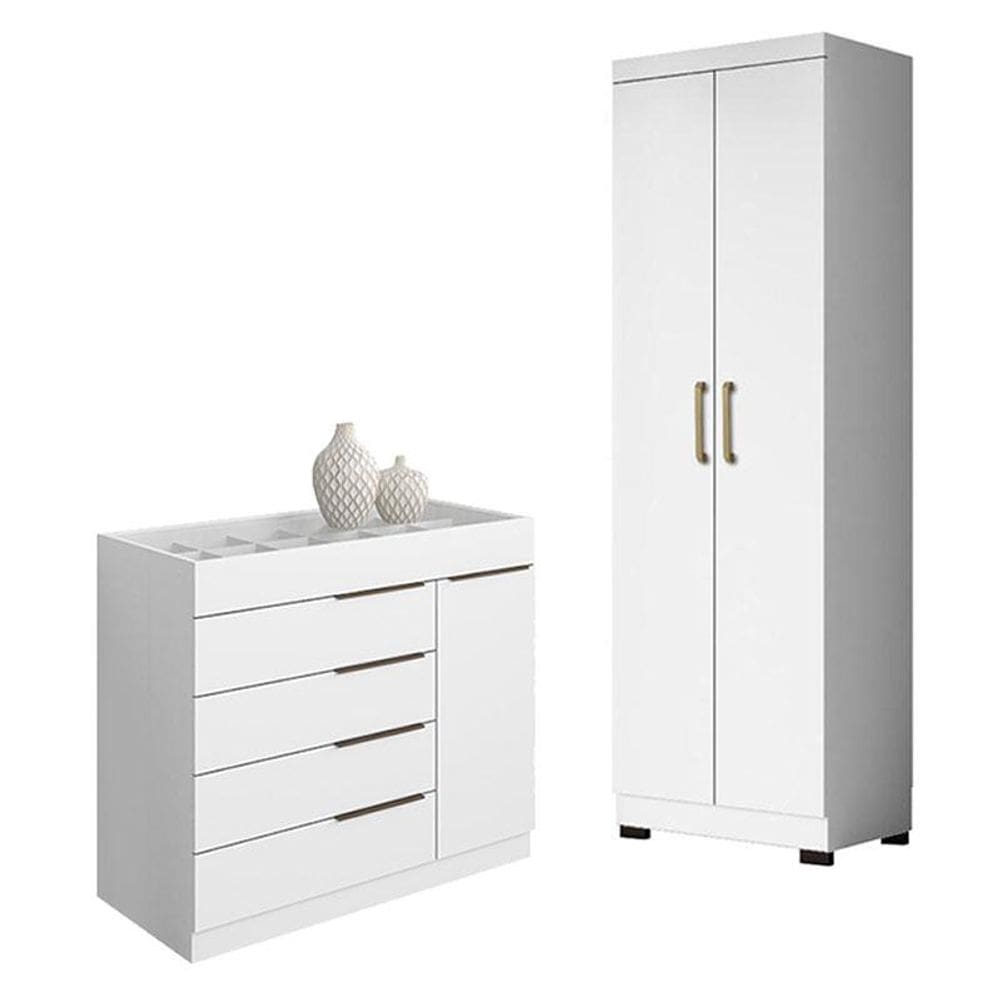 Cômoda Sapateira Sevilha 2004147 e Armário Multiuso 2000191 Branco Tx com Pés Preto - Aramóveis