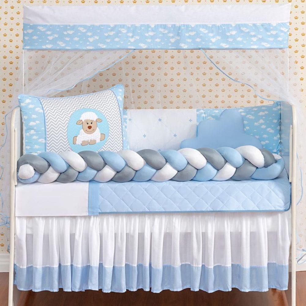 Jogo Berço Menino 14 Peças Ovelha Trança Capa Impermeável
