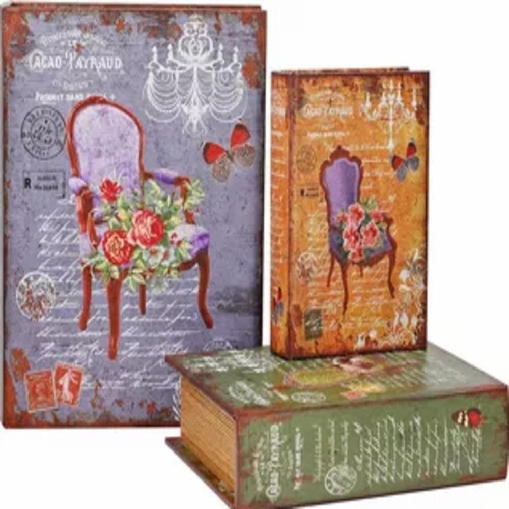 Kit 3 Cofre Livro Falso Decorativo Fake Porta Objetos Madeira Documentos Estilo Antigo Caixa Magnetico