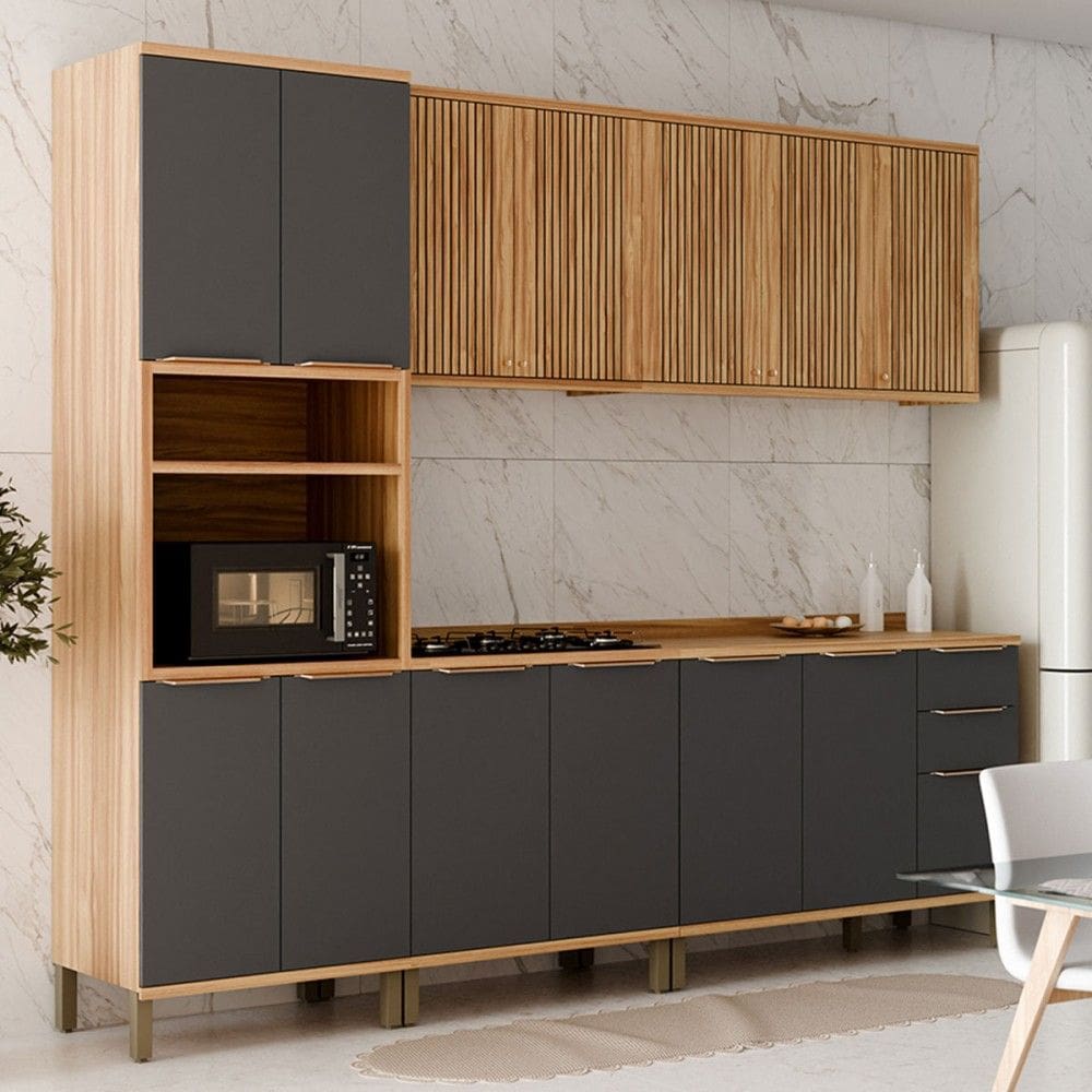 Armário de Cozinha Modulada com Balcão e Tampo 13 Portas 3 Gavetas Nice Fresado 100% Mdf Amêndoa/Cinza - Pnr Móveis