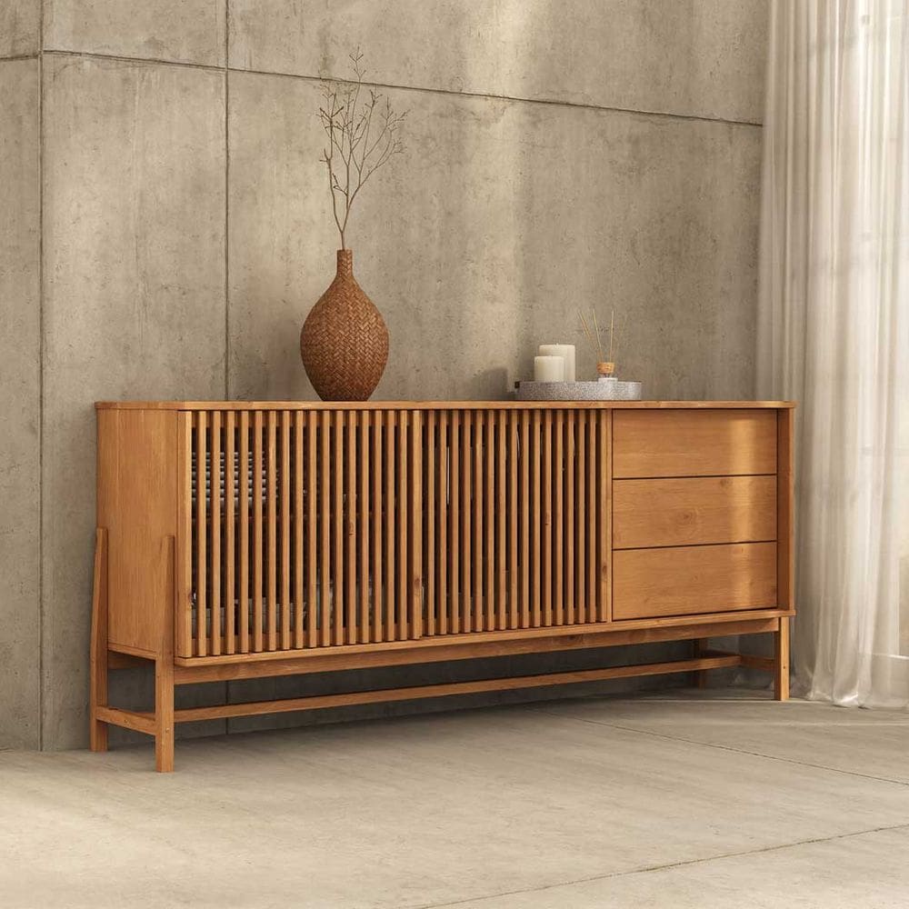 Balcão Buffet Madeira 170 cm Ripado 3 Gavetas Sala de Jantar Freijó Adamo