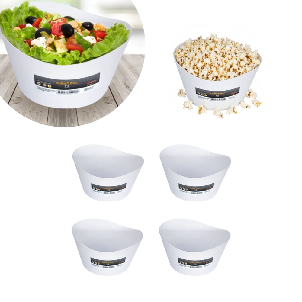 Kit Com 4 Potes Vasilha Multiuso 3,5l Grande Plástico Branco