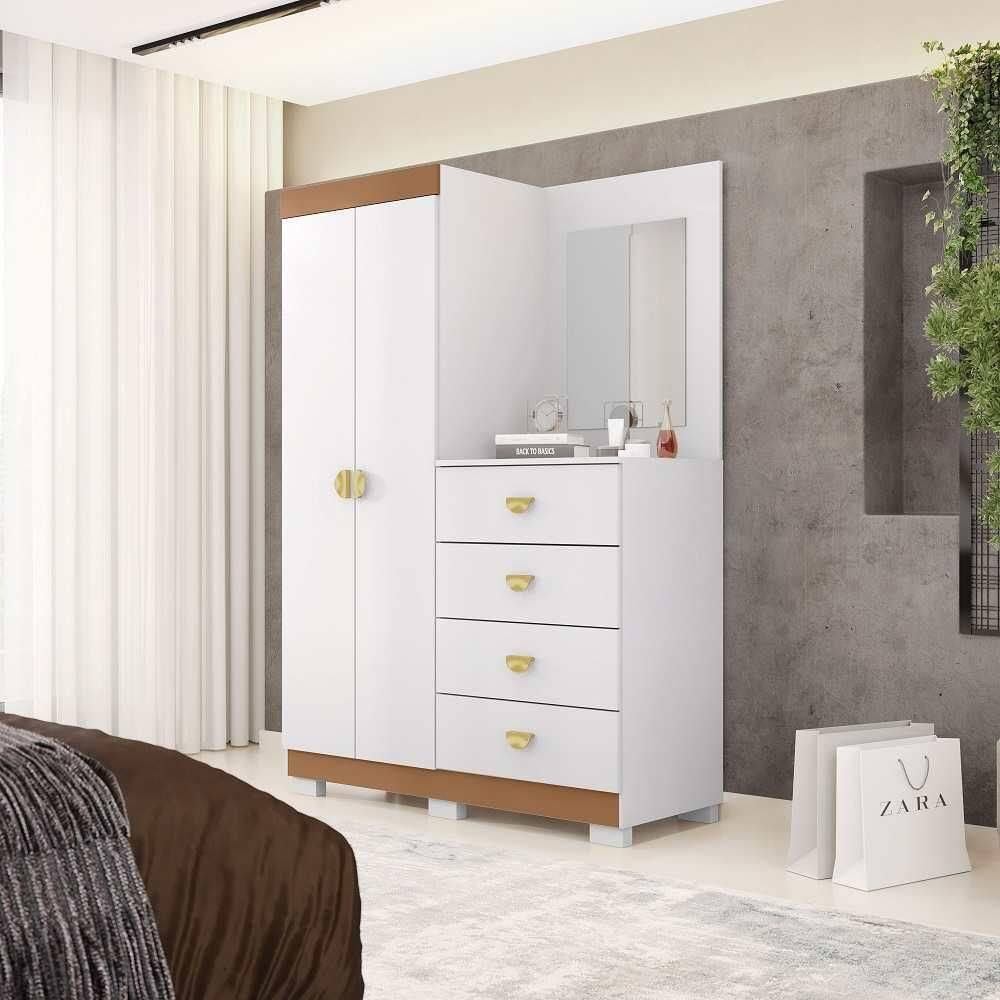 Guarda-Roupa com Cômoda Embutida e Espelho 2 Portas 4 Gavetas Cristal - Branco Camarim - Vila Rica