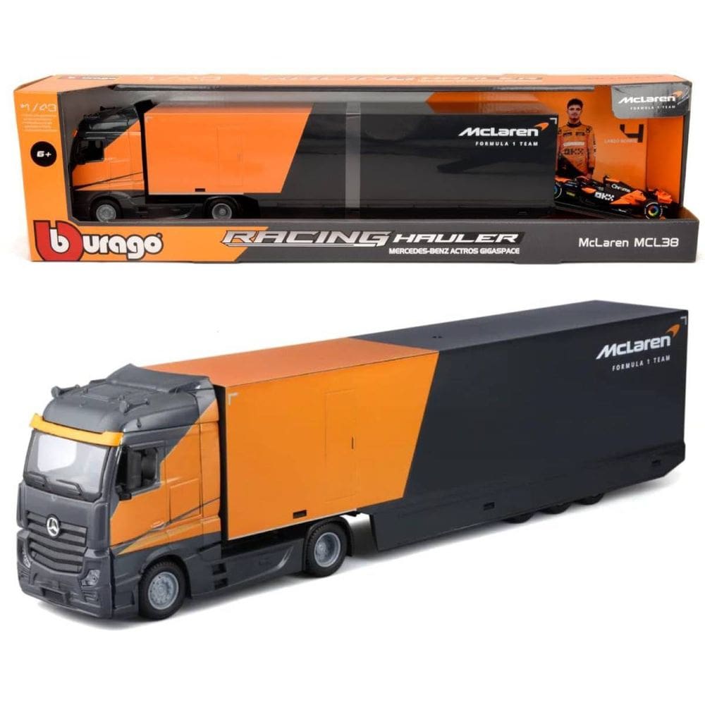 Miniatura Bburago McLaren Caminhao Mercedes-Benz Actros Gigaspace + MCL38 F1 2024 Lando Norris 4 1/43