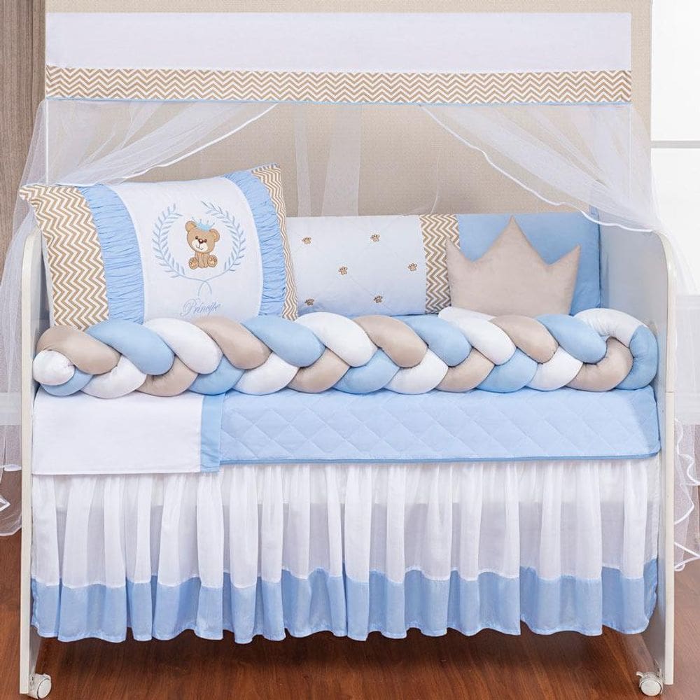 Jogo De Berço Kids Ursinho Ted E Trança Lateral Para Menino 14 pç Completo Azul Claro Saia Box Lençol Extra
