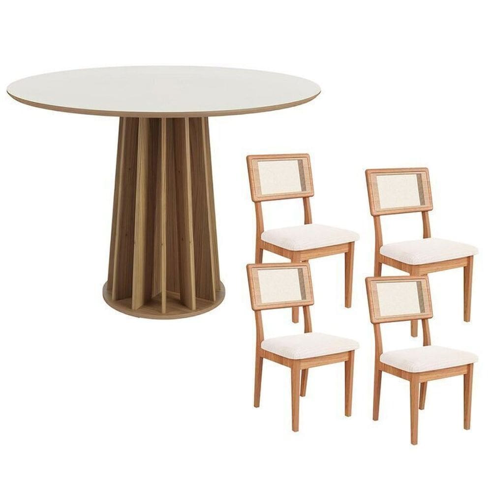 Conjunto Sala de Jantar Mesa Redonda Base Ripada e 4 Cadeiras Encosto em Tela e Assento Estofado Mdf Off White / Freijó / Bege Rústico