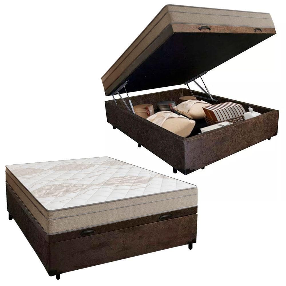 Cama Box Baú Casal Suede + Colchão De Molas Ensacadas Portobel Ipanema - 138x188x66cm Marrom