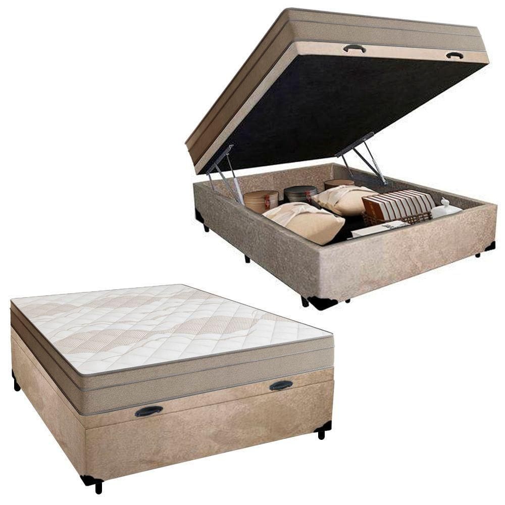 Cama Box Baú Casal Suede + Colchão De Molas Ensacadas Portobel Ipanema - 138x188x66cm Bege