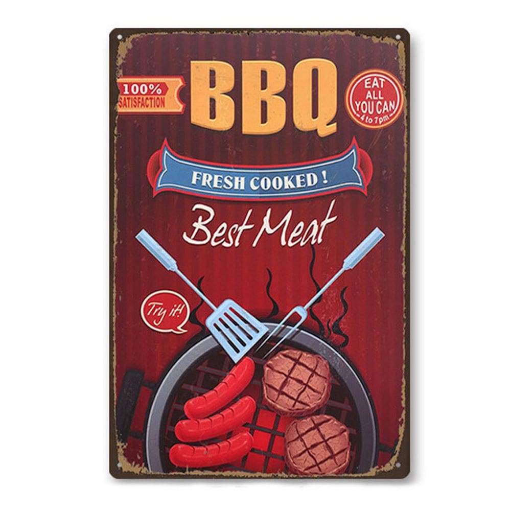 Decoração de parede, placa de lata, churrasco vintage, a melhor carne cozida na hora