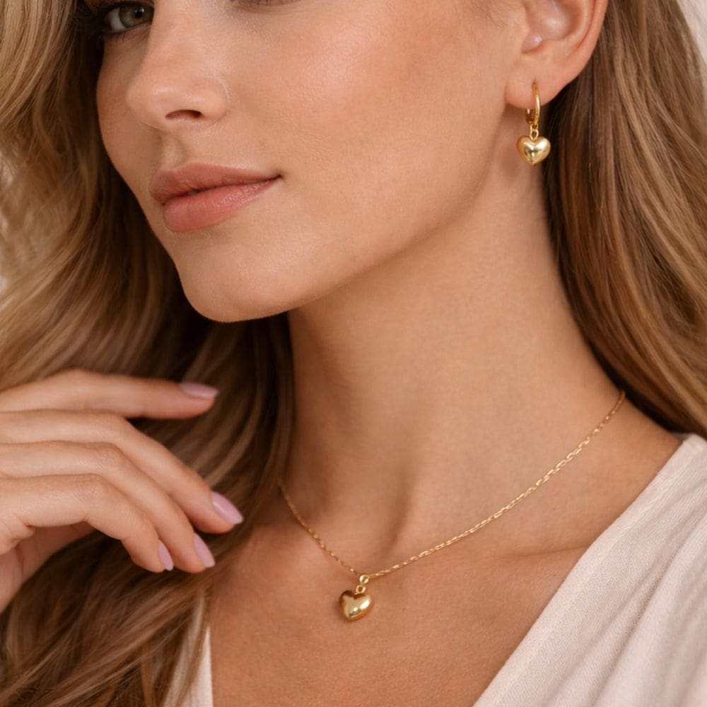 Conjunto de Colar e Brinco Argolinha Coração Aço Inox 316L