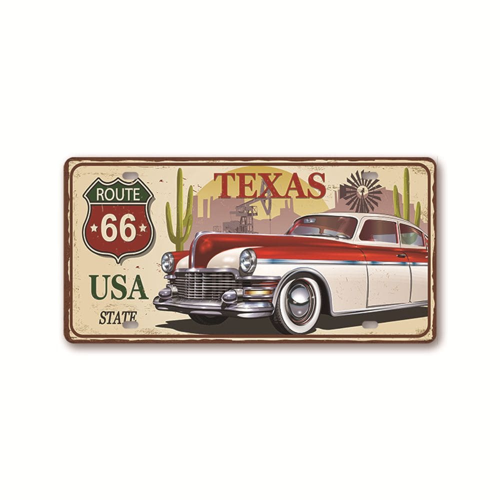 Pintura em ferro e decoração de parede Route 66 Texas Retro Car 30x15 cm