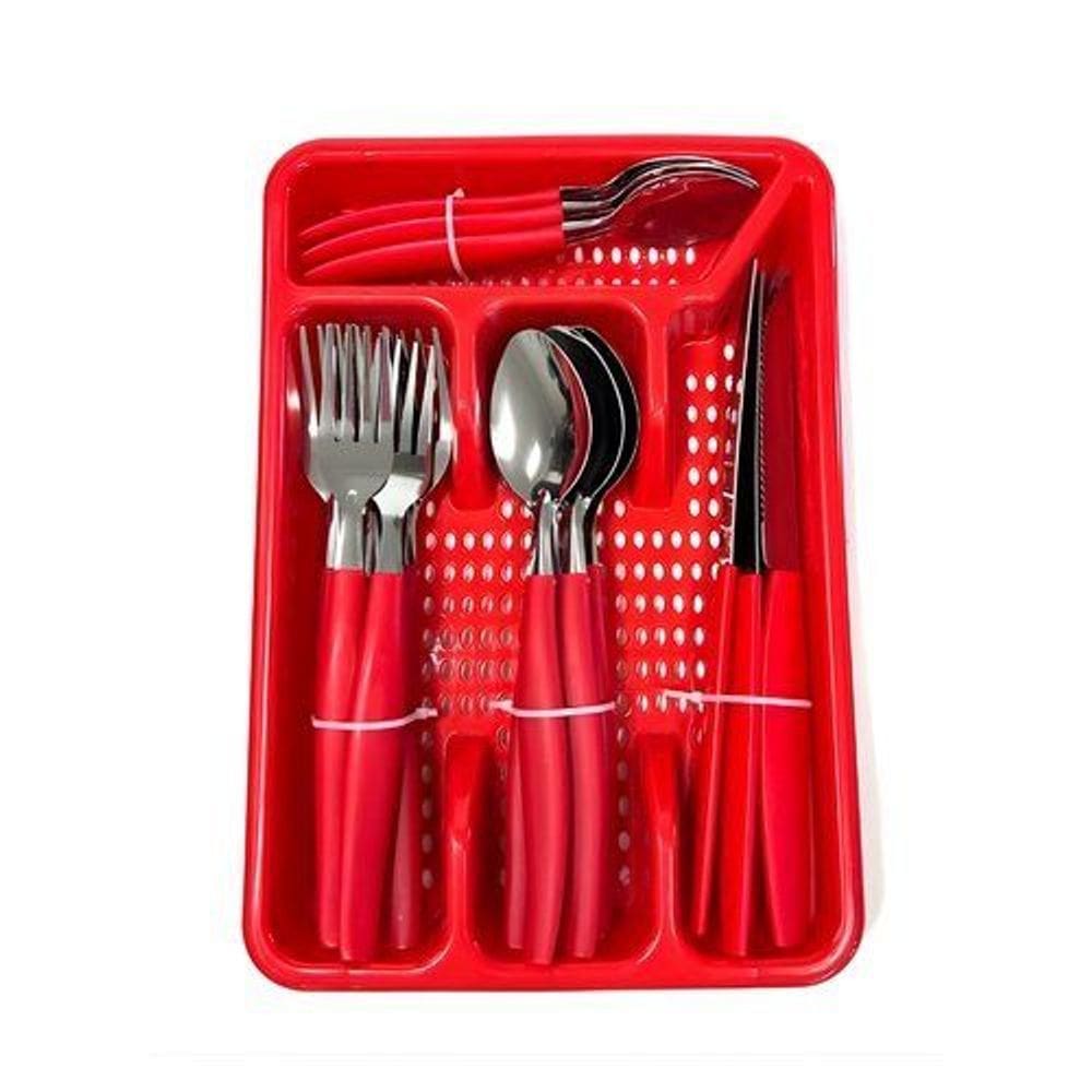 Jogo Faqueiro Inox 25 Peças Vermelho com Porta Talheres Organizador de Gaveta
